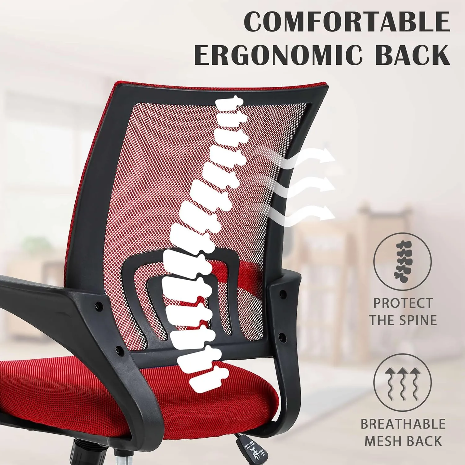 Adjustable Lumbar Support Mesh Back Office Desk Chair - Home & Study, Red