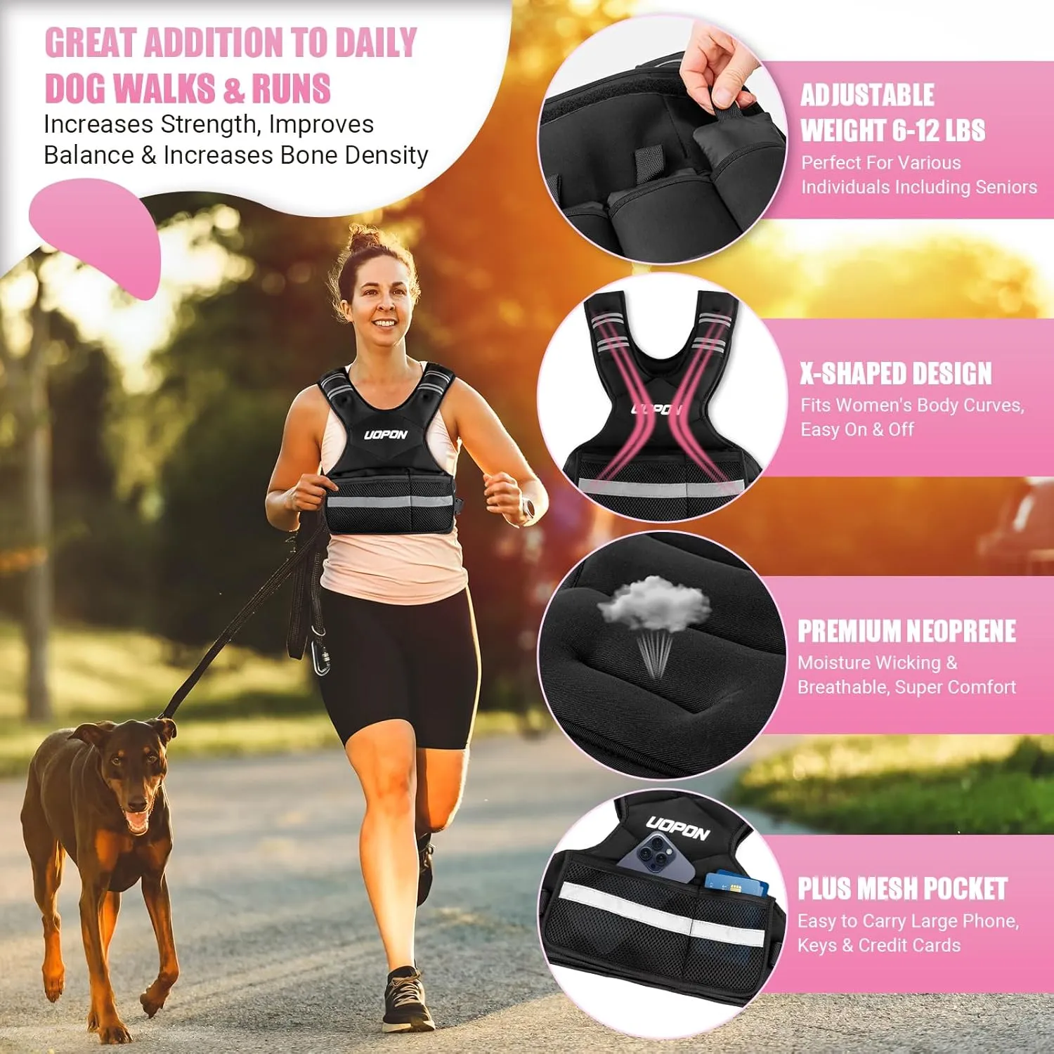 Adjustable Weighted Vest for Women, 6-12 Lbs Rucking Vest with 6 Ironsand Weights, Best Weighted Vest with Plus Pockets & Reflective Strips for Running, Walking, Workout and Strength Training