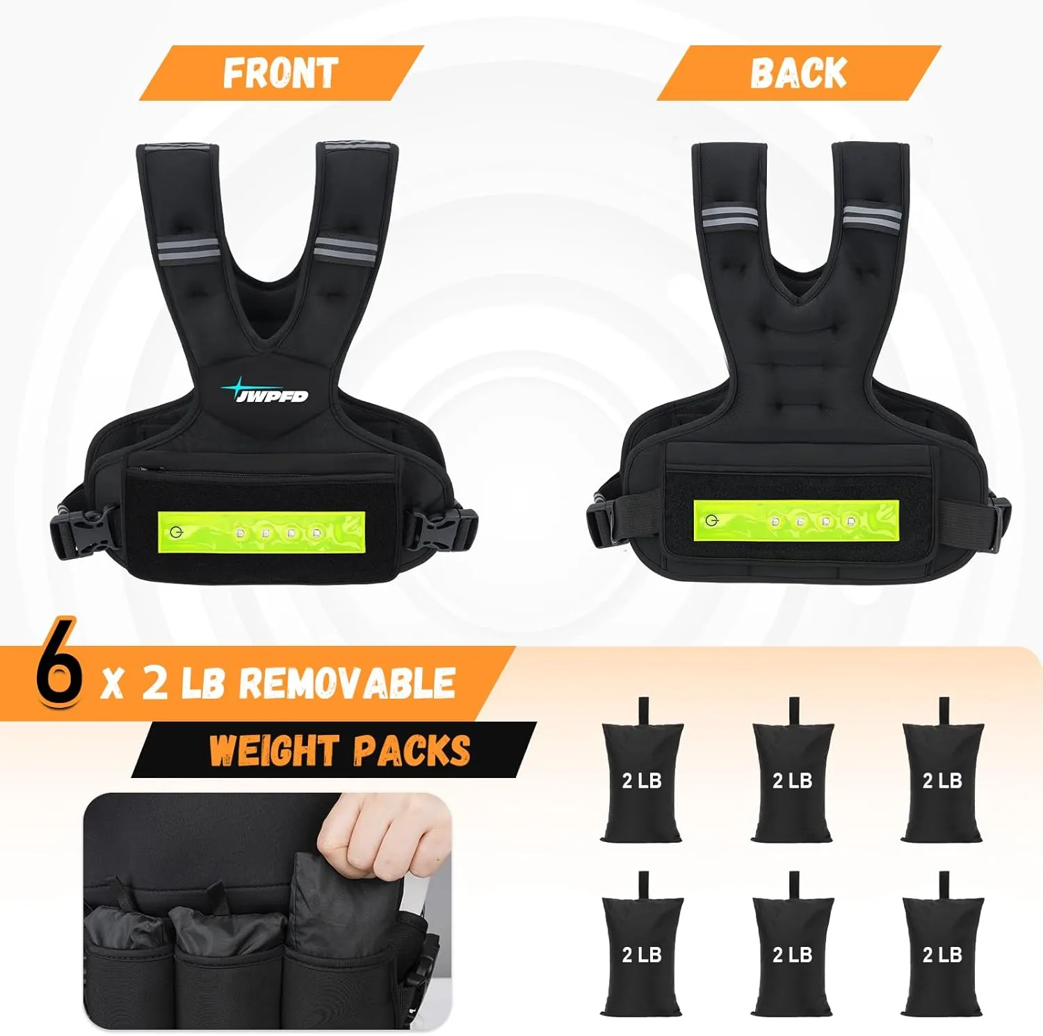 Adjustable Weighted Vest for Women, 6-15lbs Rucking Vest with LED Light Strips, Weight Vest with 6 Ironsand Weights, and Zipper Pocket for Strength Training, Walking, Running