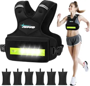 Adjustable Weighted Vest for Women, 6-15lbs Rucking Vest with LED Light Strips, Weight Vest with 6 Ironsand Weights, and Zipper Pocket for Strength Training, Walking, Running