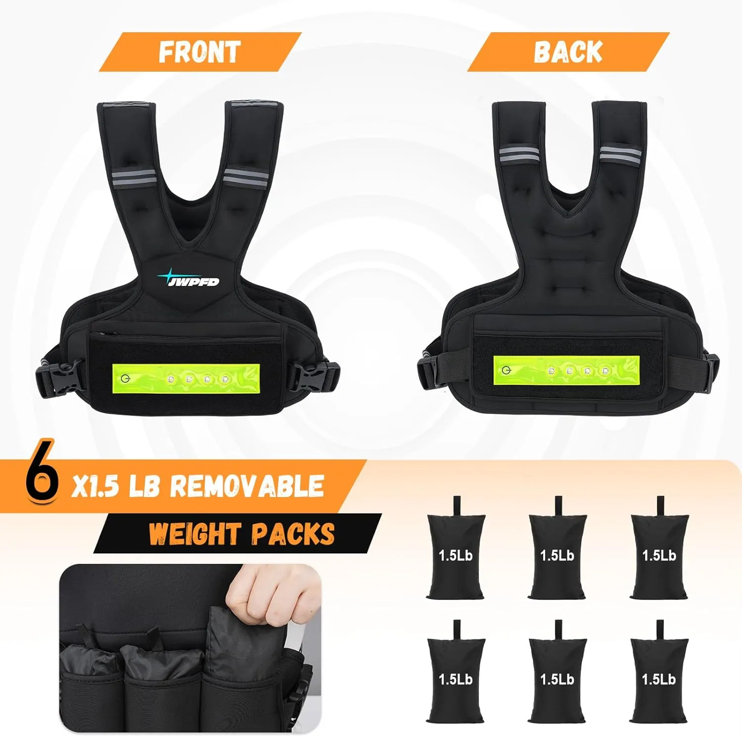 Adjustable Weighted Vest for Women, 6-15lbs Rucking Vest with LED Light Strips, Weight Vest with 6 Ironsand Weights, and Zipper Pocket for Strength Training, Walking, Running