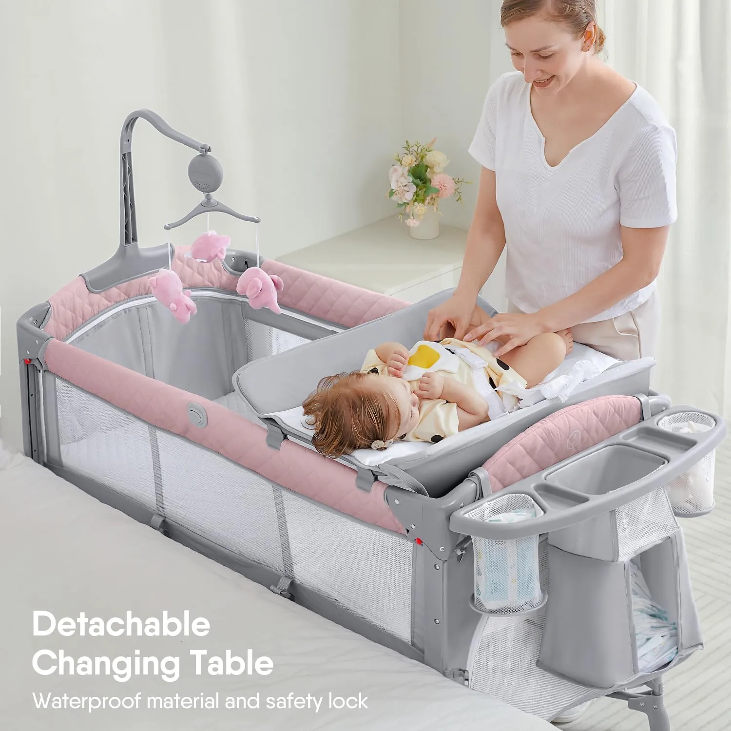 ADOVEL Baby Bassinet Bedside Crib, Pack and Play with Mattress, Diaper Changer and Playards from Newborn to Toddles, Pink