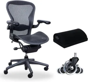 Aeron Herman Miller Office Chair Size B |10 Year Warranty | Fully Adjustable Arms| Tilt Limiter and Seat Angle Adjustment| Adjustable Lumbar Pad|Renewed| Free Footrest and Hardwood Rollerblade Wheels