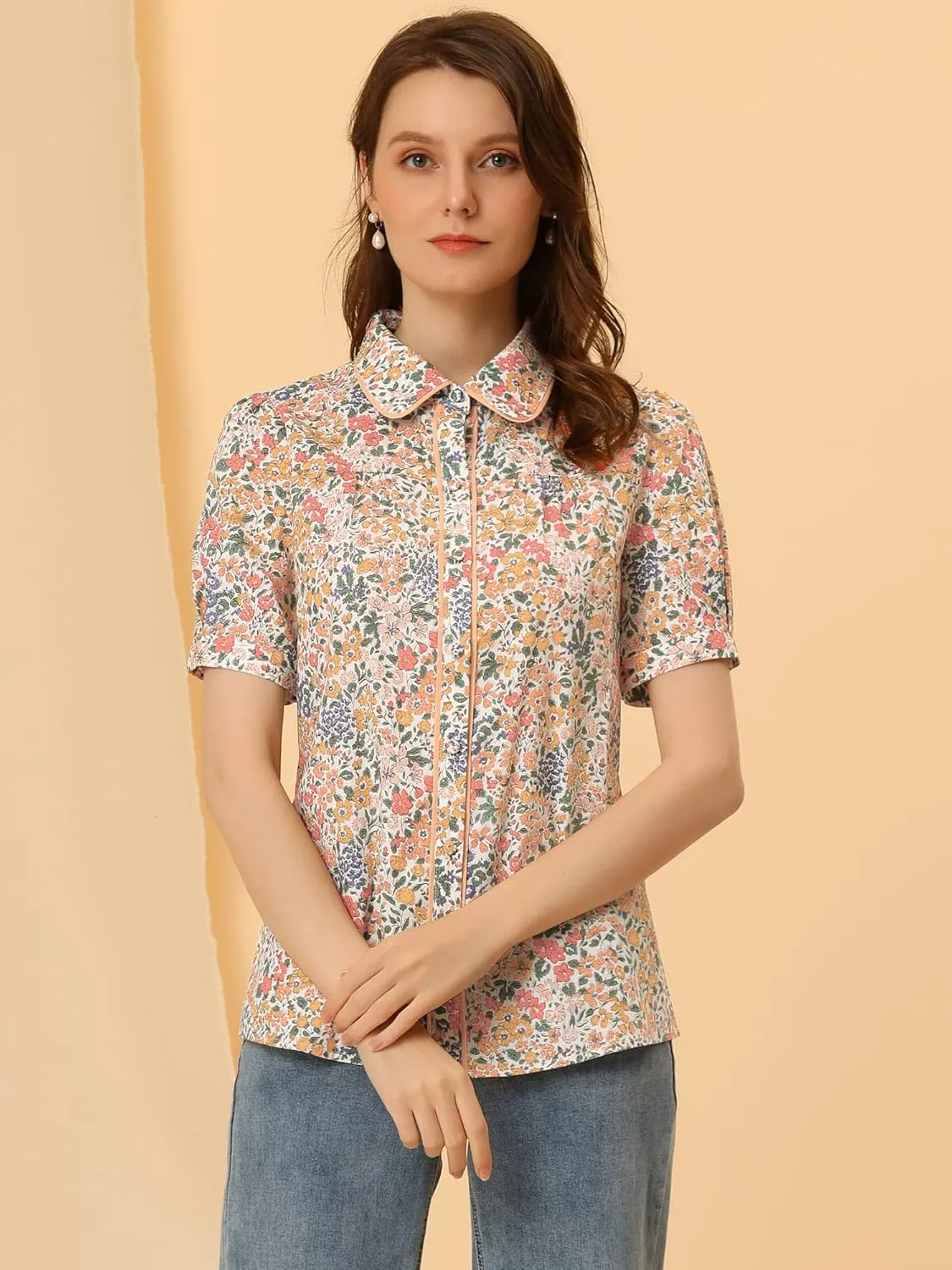 Allegra K Peter Pan Collar Blouse for Women's Contrast Trim Puff Sleeve Peasant Floral Shirt