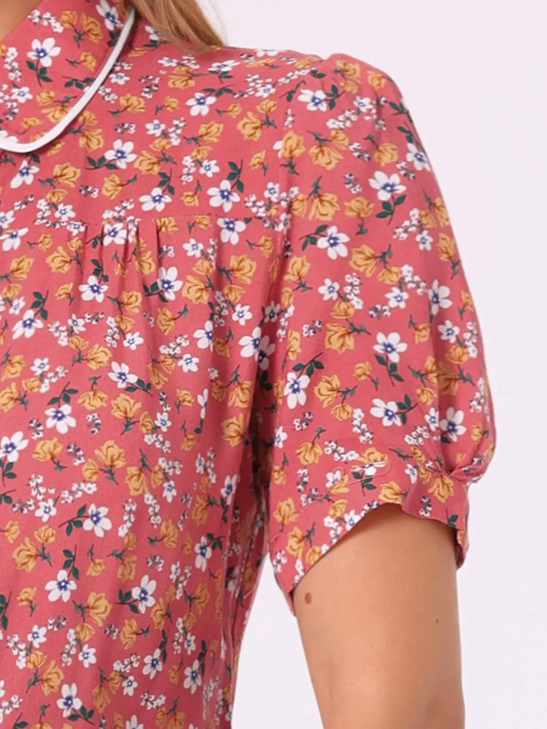 Allegra K Peter Pan Collar Blouse for Women's Contrast Trim Puff Sleeve Peasant Floral Shirt