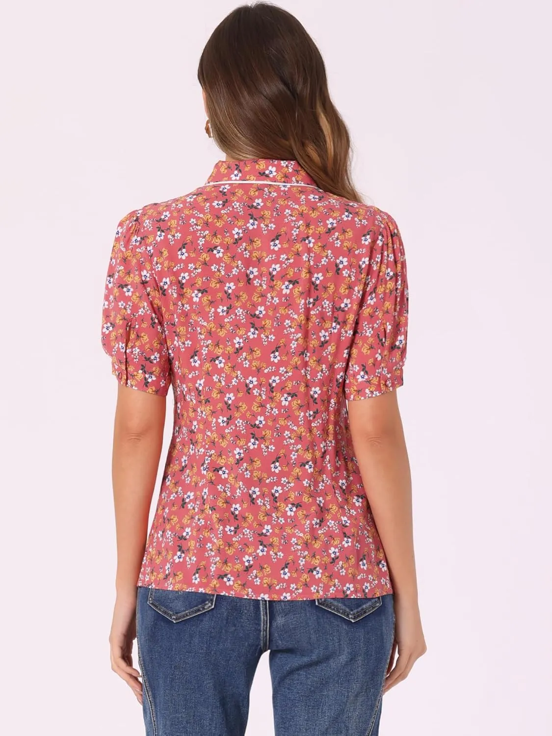 Allegra K Peter Pan Collar Blouse for Women's Contrast Trim Puff Sleeve Peasant Floral Shirt