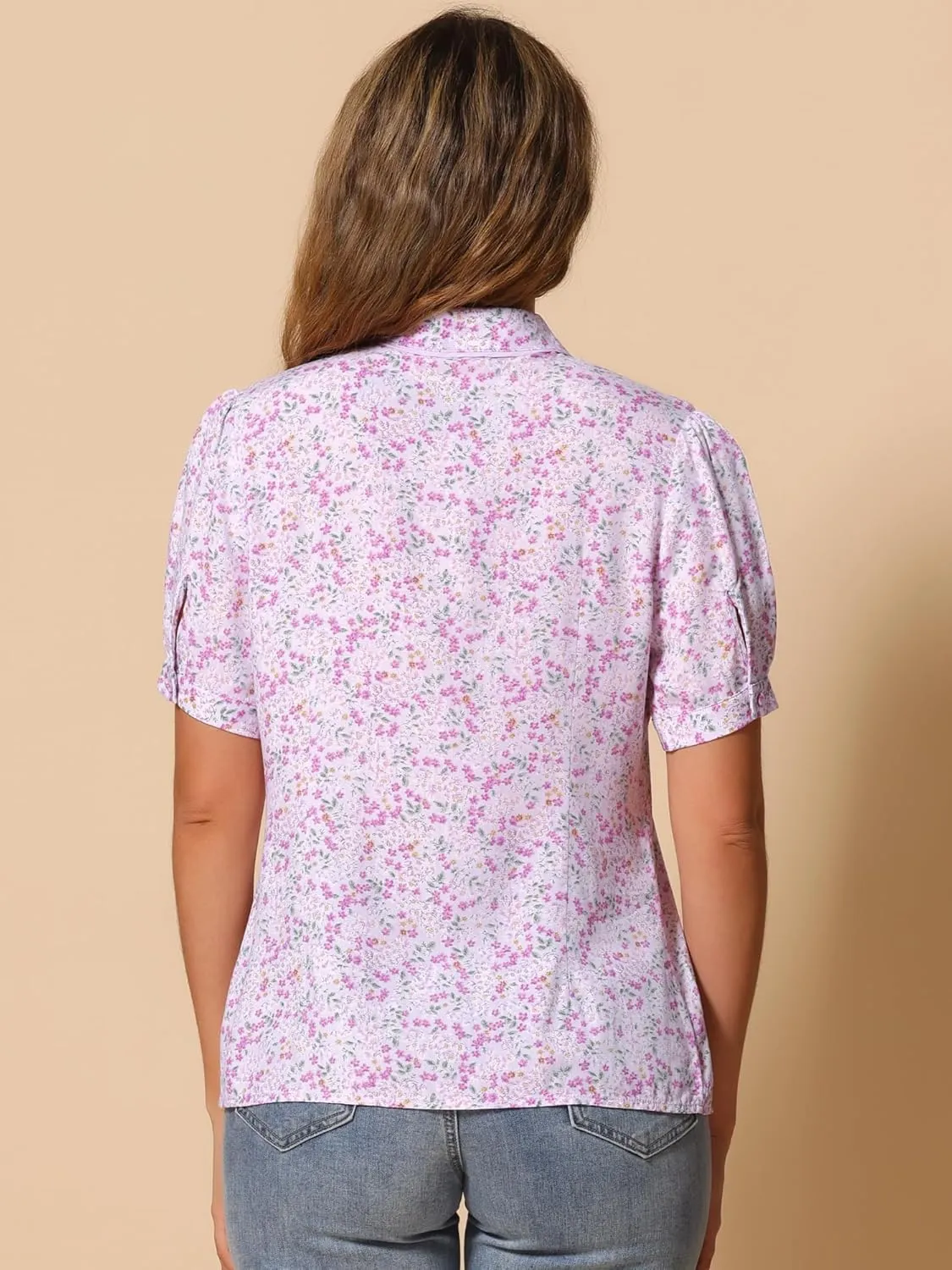 Allegra K Peter Pan Collar Blouse for Women's Contrast Trim Puff Sleeve Peasant Floral Shirt