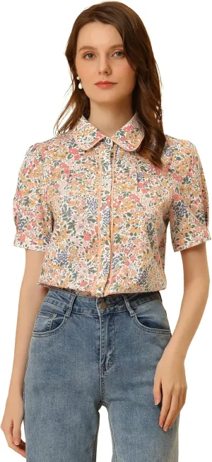 Allegra K Peter Pan Collar Blouse for Women's Contrast Trim Puff Sleeve Peasant Floral Shirt