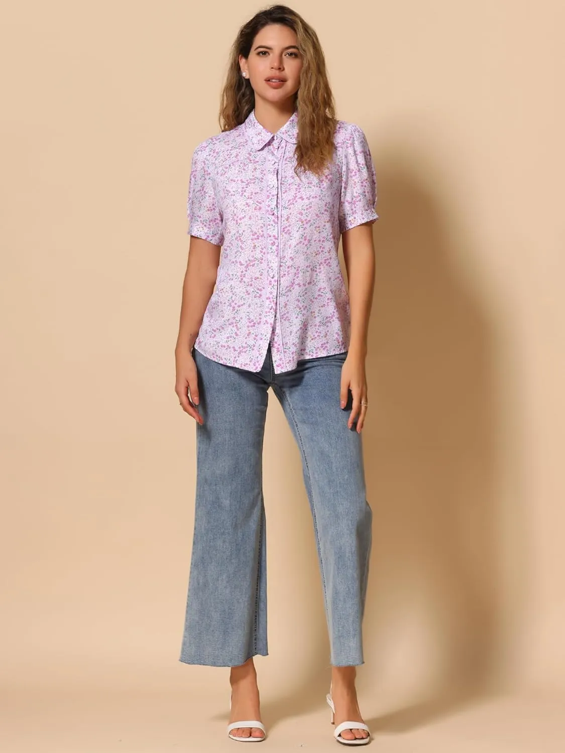 Allegra K Peter Pan Collar Blouse for Women's Contrast Trim Puff Sleeve Peasant Floral Shirt