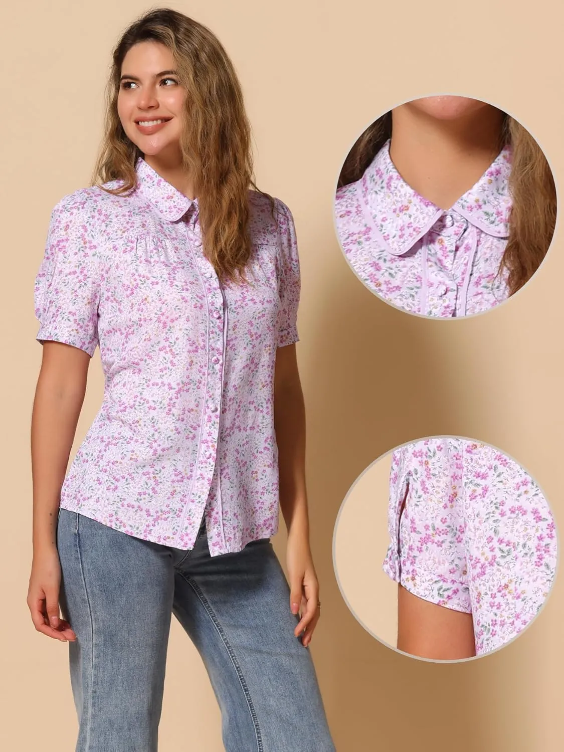 Allegra K Peter Pan Collar Blouse for Women's Contrast Trim Puff Sleeve Peasant Floral Shirt