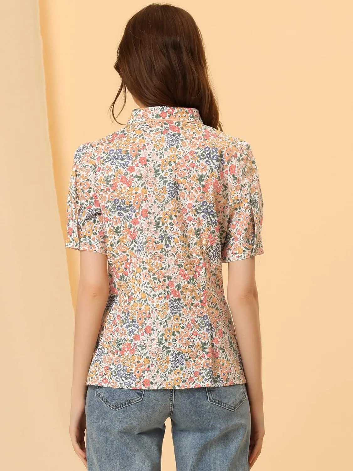 Allegra K Peter Pan Collar Blouse for Women's Contrast Trim Puff Sleeve Peasant Floral Shirt