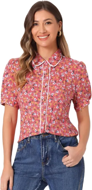 Allegra K Peter Pan Collar Blouse for Women's Contrast Trim Puff Sleeve Peasant Floral Shirt