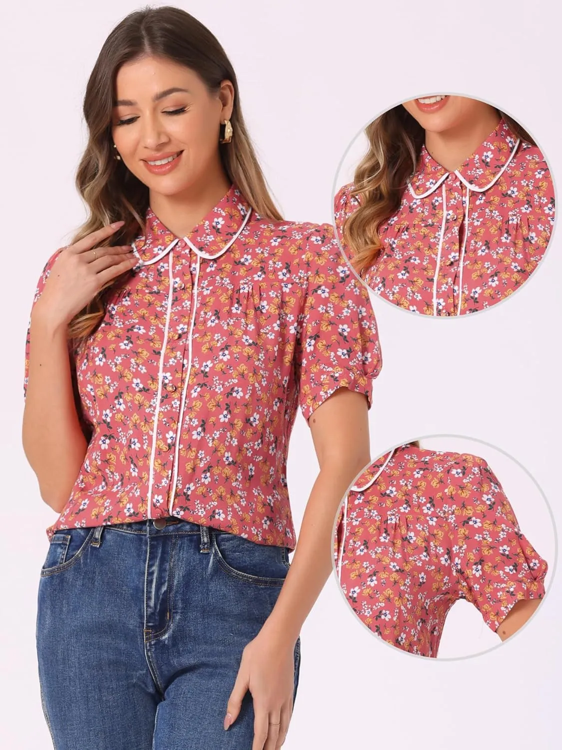 Allegra K Peter Pan Collar Blouse for Women's Contrast Trim Puff Sleeve Peasant Floral Shirt