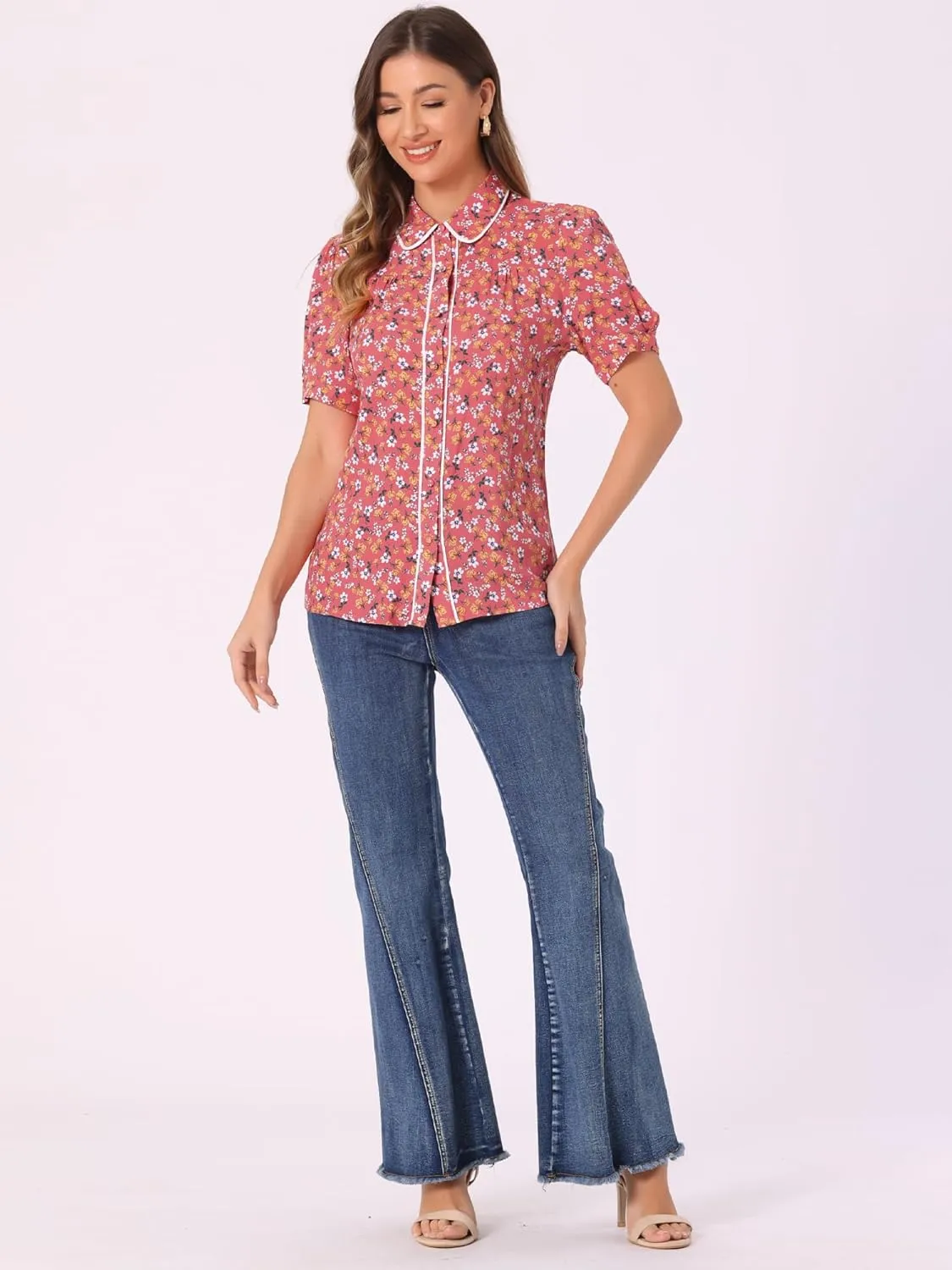 Allegra K Peter Pan Collar Blouse for Women's Contrast Trim Puff Sleeve Peasant Floral Shirt