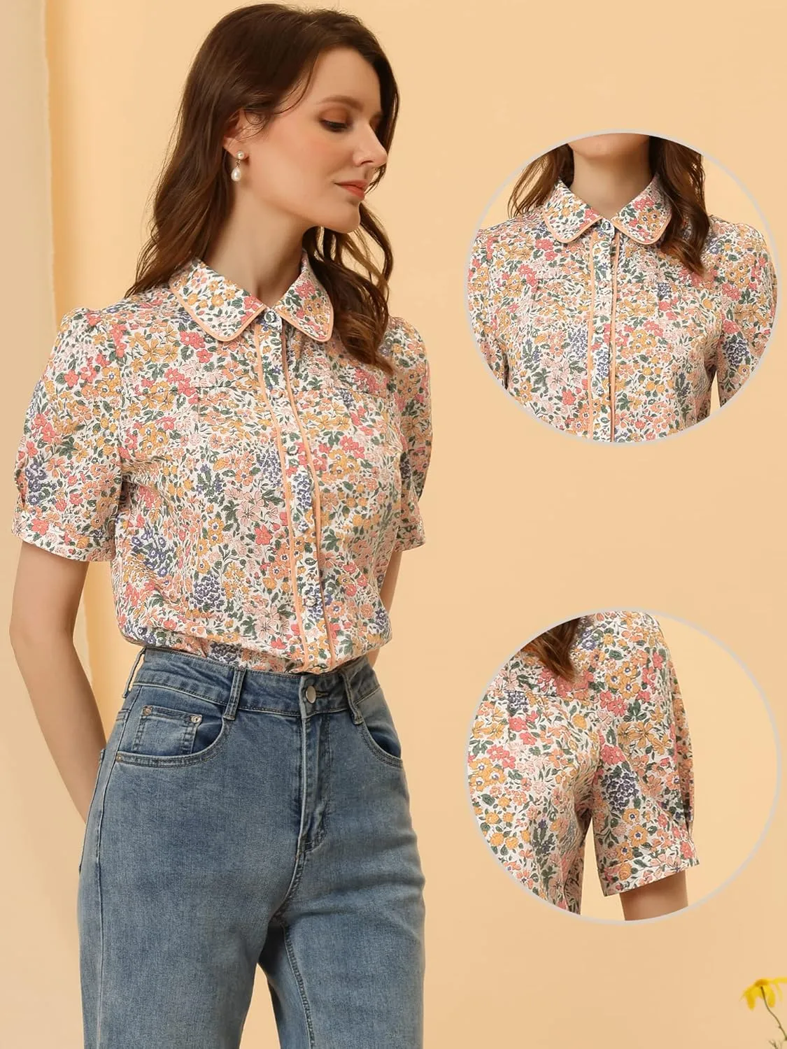 Allegra K Peter Pan Collar Blouse for Women's Contrast Trim Puff Sleeve Peasant Floral Shirt