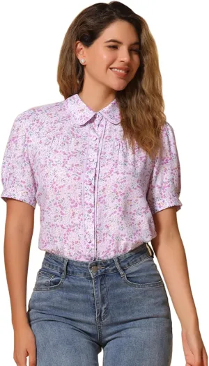 Allegra K Peter Pan Collar Blouse for Women's Contrast Trim Puff Sleeve Peasant Floral Shirt