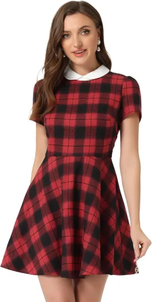 Allegra K Women's Plaid Grid Peter Pan Collar Contrast Christmas Xmas Party Short Sleeve A-line Dress