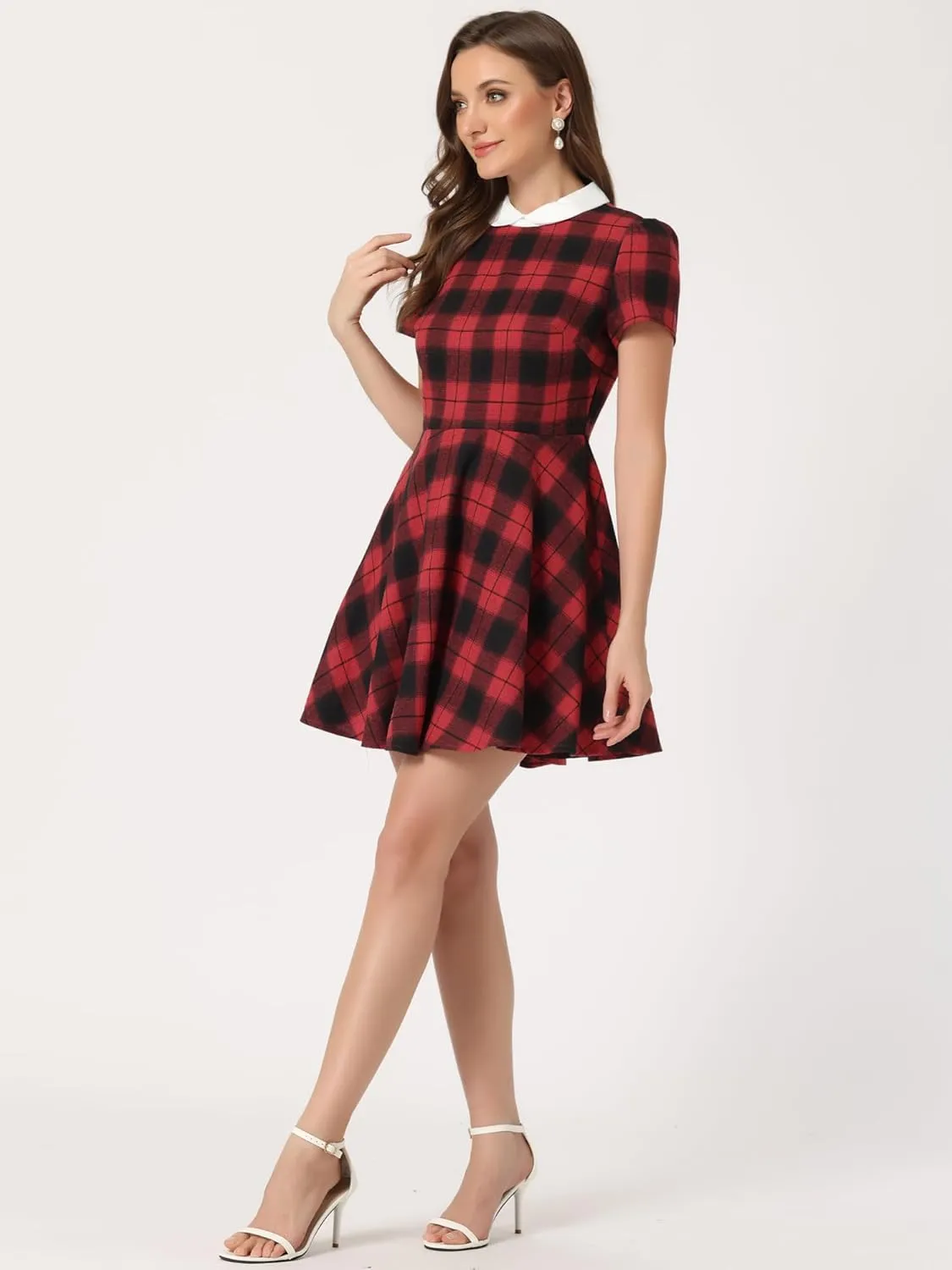 Allegra K Women's Plaid Grid Peter Pan Collar Contrast Christmas Xmas Party Short Sleeve A-line Dress