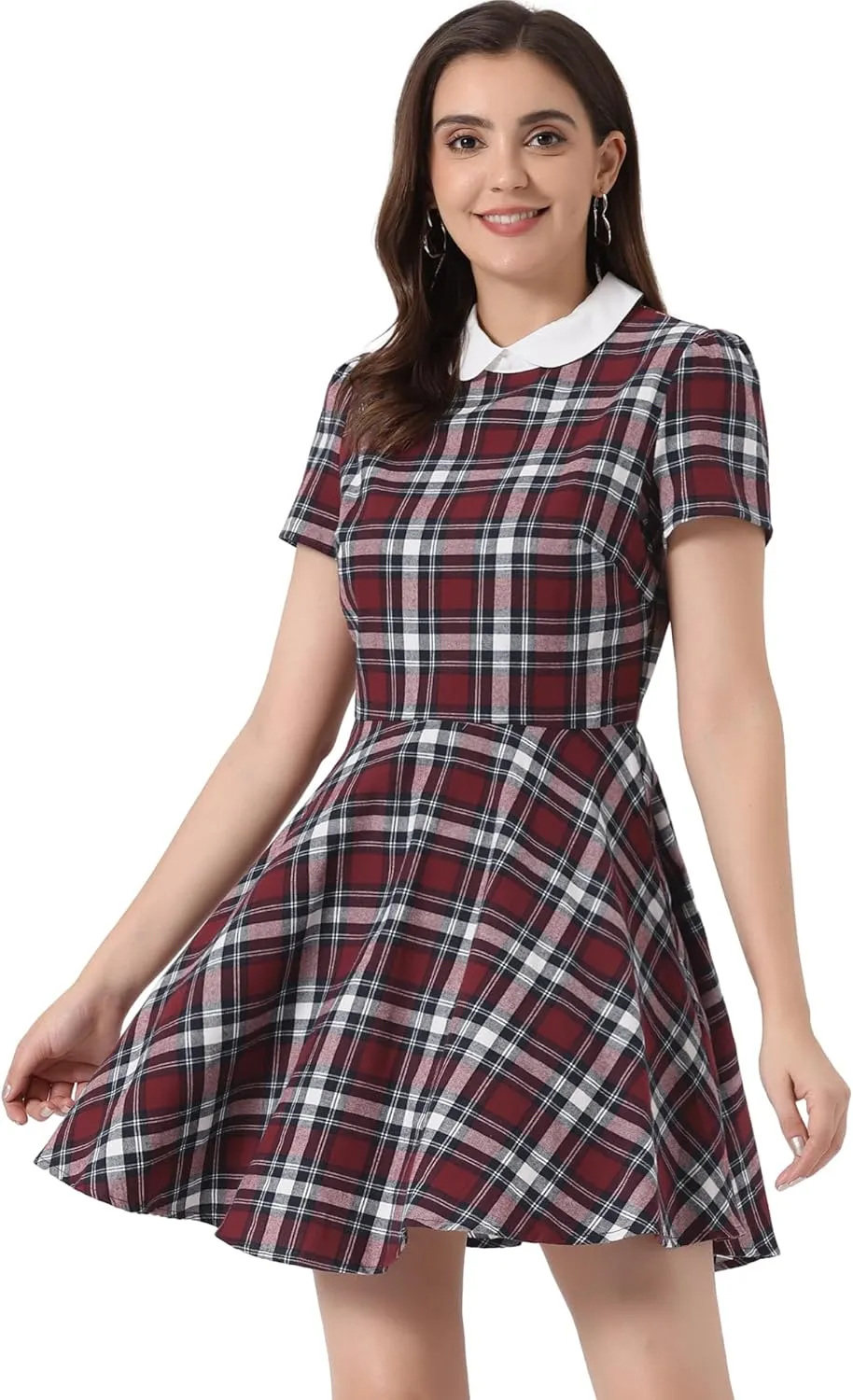 Allegra K Women's Plaid Grid Peter Pan Collar Contrast Christmas Xmas Party Short Sleeve A-line Dress