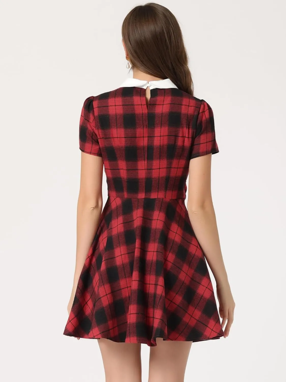 Allegra K Women's Plaid Grid Peter Pan Collar Contrast Christmas Xmas Party Short Sleeve A-line Dress