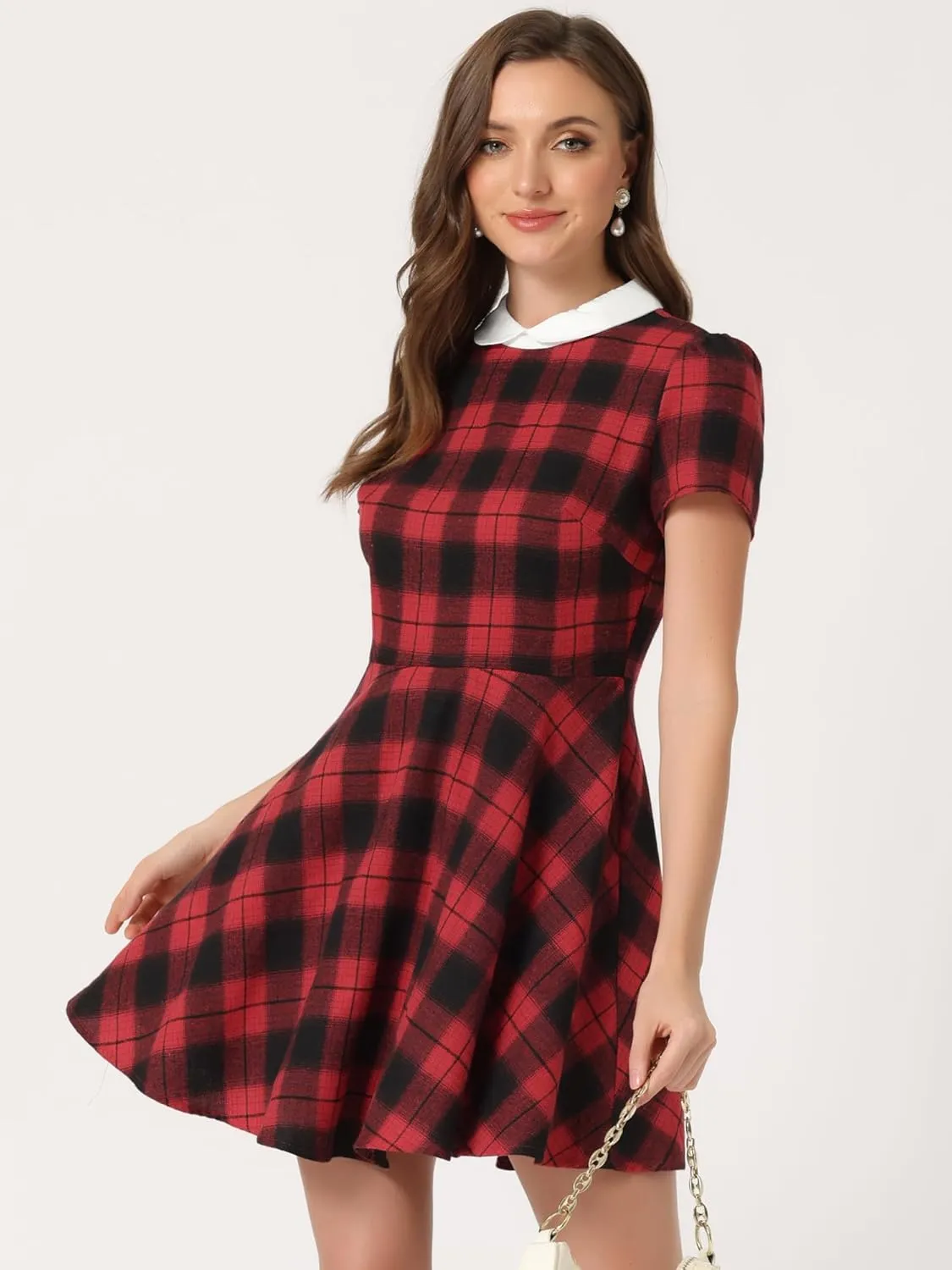 Allegra K Women's Plaid Grid Peter Pan Collar Contrast Christmas Xmas Party Short Sleeve A-line Dress
