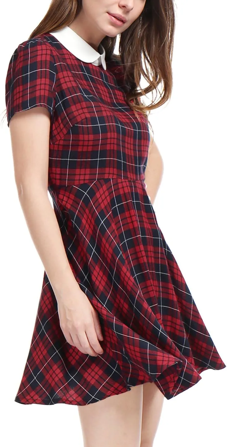 Allegra K Women's Plaid Grid Peter Pan Collar Contrast Christmas Xmas Party Short Sleeve A-line Dress