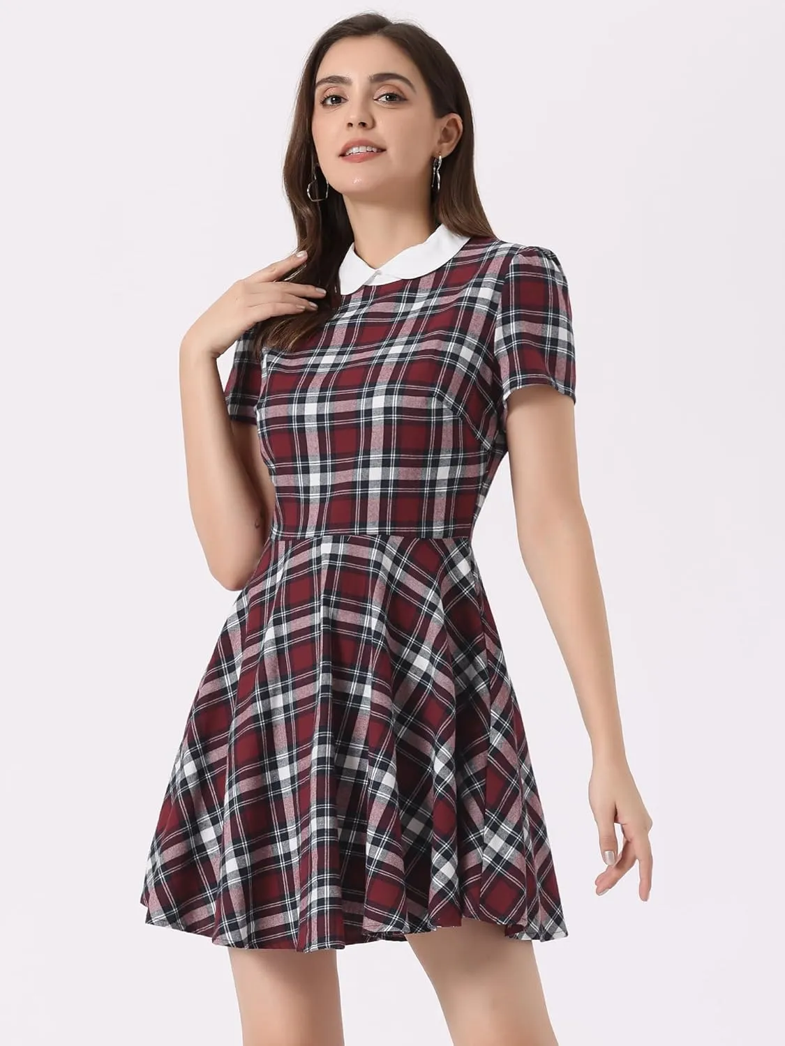 Allegra K Women's Plaid Grid Peter Pan Collar Contrast Christmas Xmas Party Short Sleeve A-line Dress