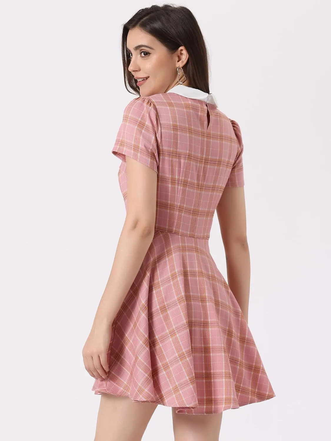 Allegra K Women's Plaid Grid Peter Pan Collar Contrast Christmas Xmas Party Short Sleeve A-line Dress
