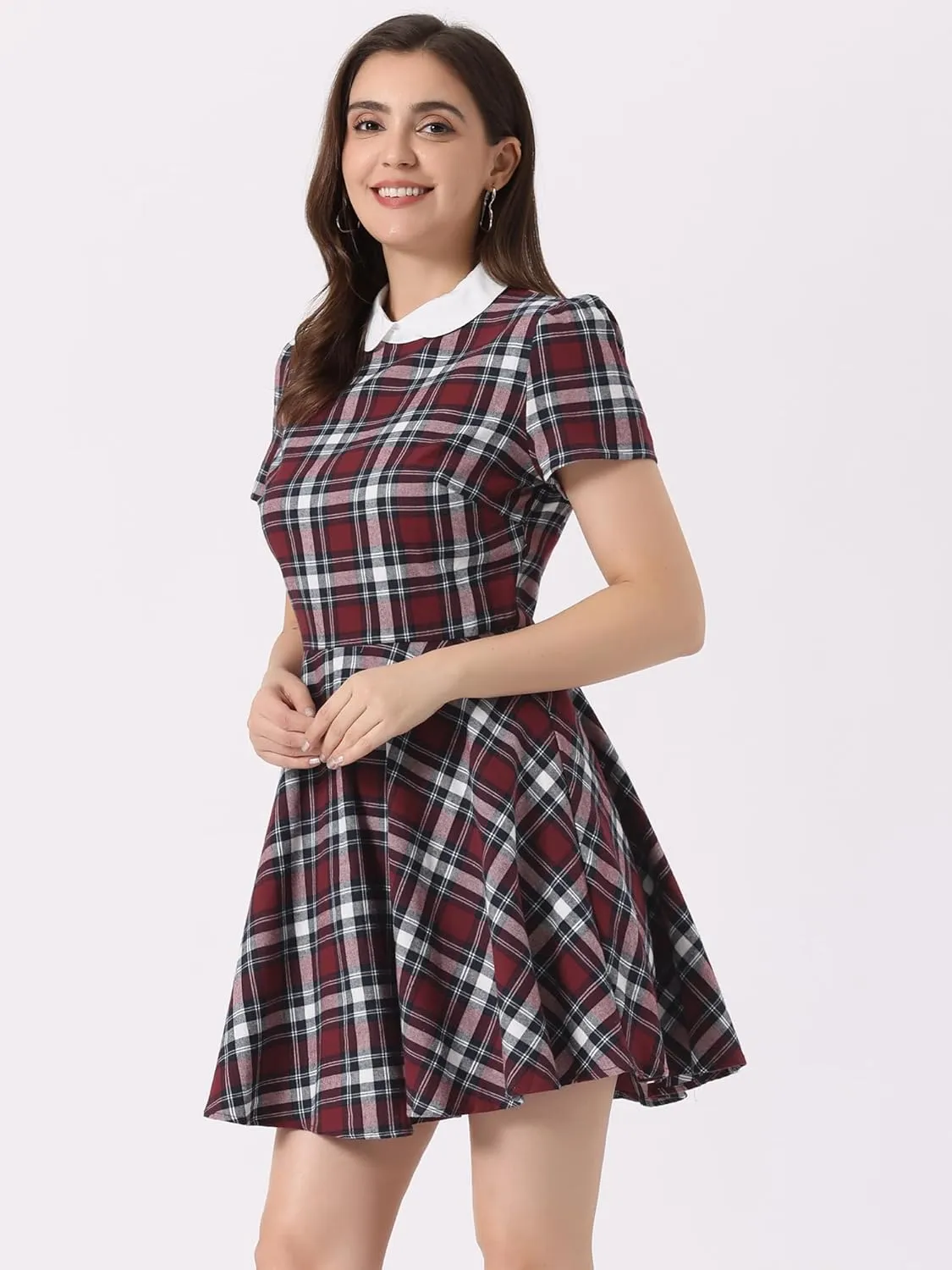 Allegra K Women's Plaid Grid Peter Pan Collar Contrast Christmas Xmas Party Short Sleeve A-line Dress