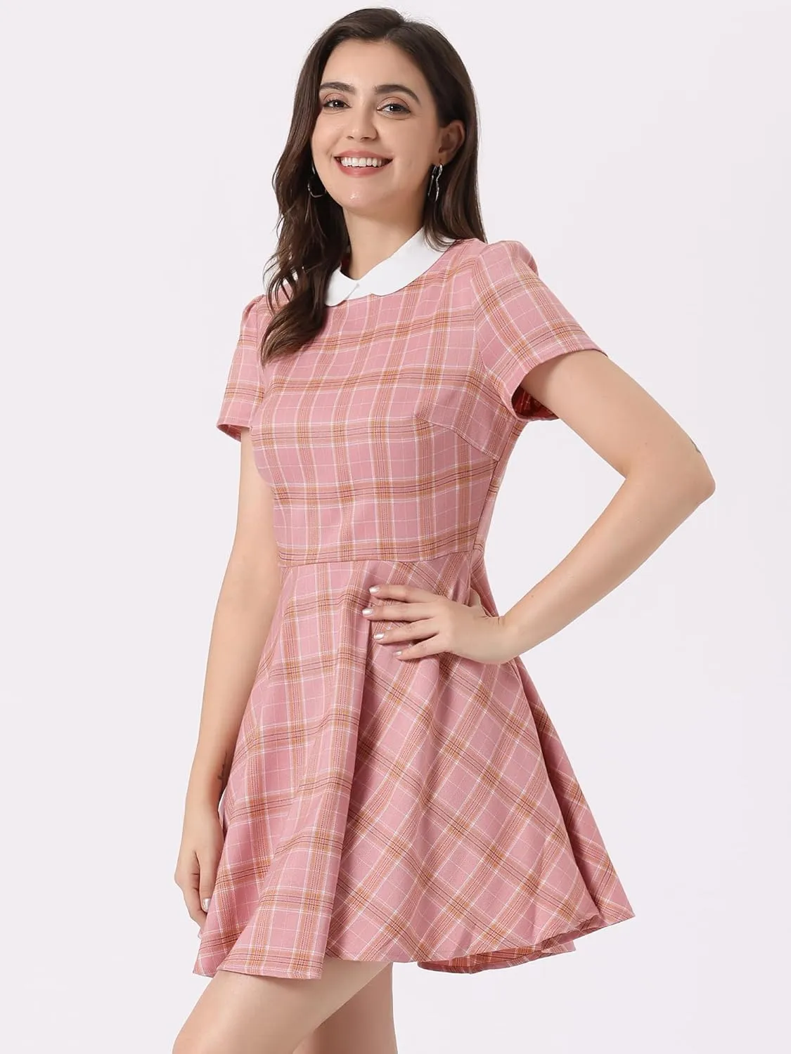 Allegra K Women's Plaid Grid Peter Pan Collar Contrast Christmas Xmas Party Short Sleeve A-line Dress