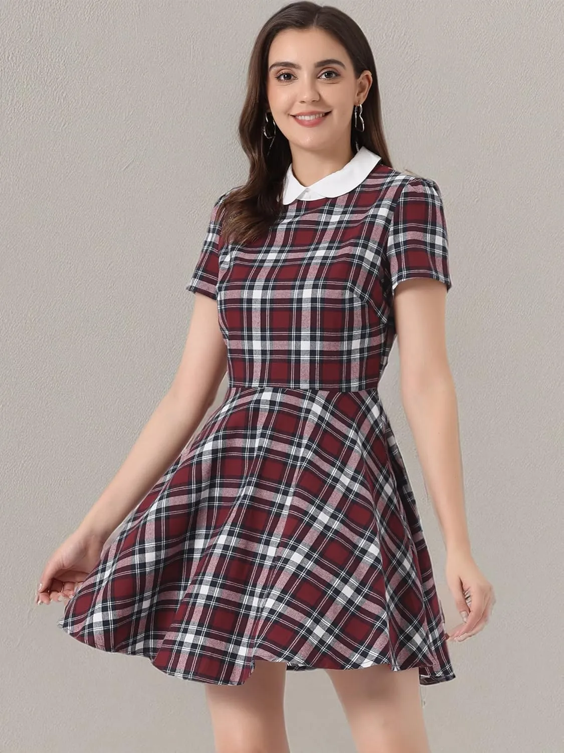Allegra K Women's Plaid Grid Peter Pan Collar Contrast Christmas Xmas Party Short Sleeve A-line Dress