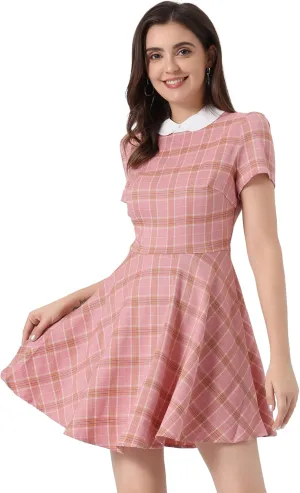 Allegra K Women's Plaid Grid Peter Pan Collar Contrast Christmas Xmas Party Short Sleeve A-line Dress