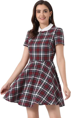 Allegra K Women's Plaid Grid Peter Pan Collar Contrast Christmas Xmas Party Short Sleeve A-line Dress