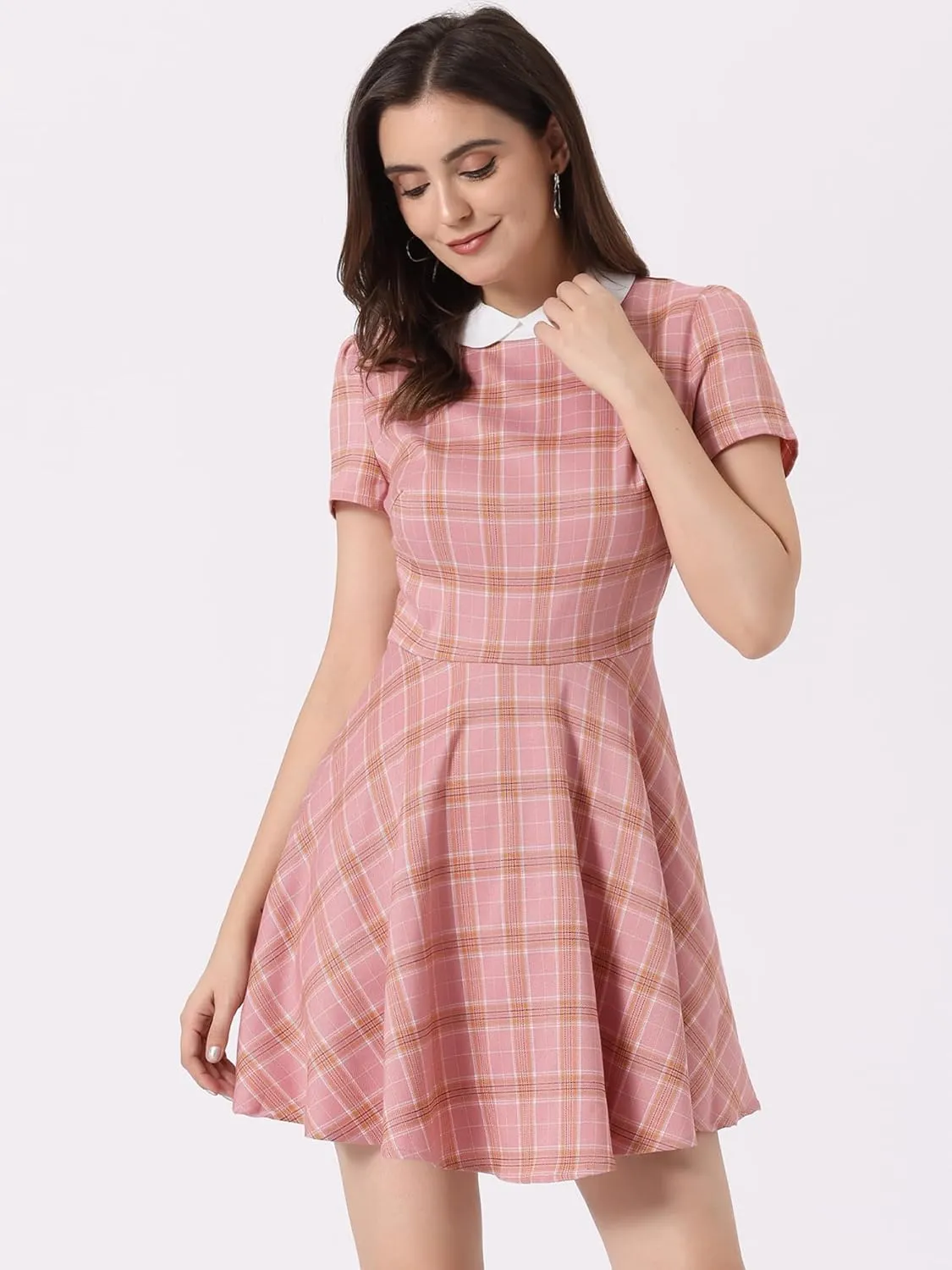 Allegra K Women's Plaid Grid Peter Pan Collar Contrast Christmas Xmas Party Short Sleeve A-line Dress