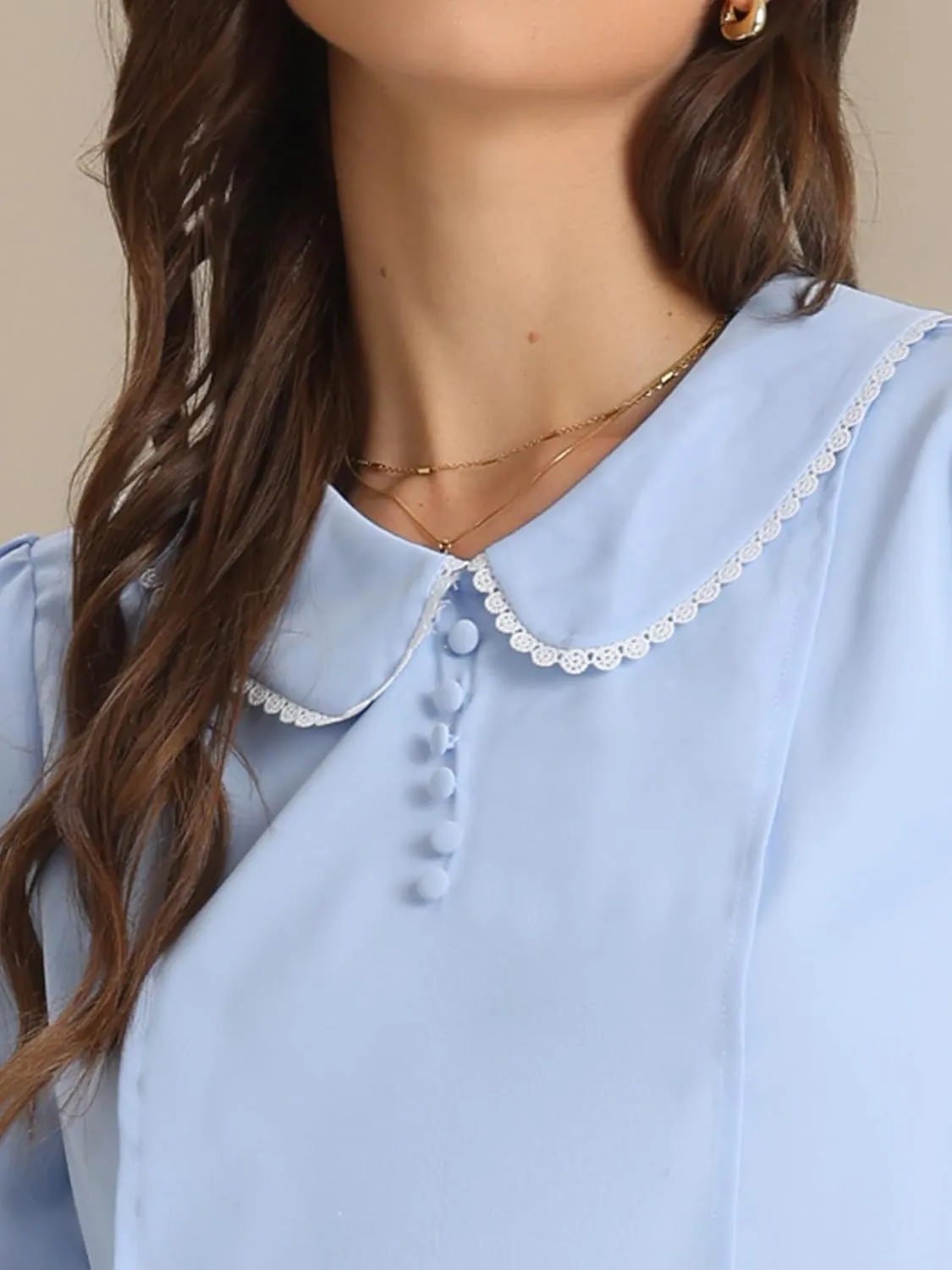 Allegra K Women's Vintage Peter Pan Collar Shirt Preppy Lacy Trim Long Sleeve Blouse