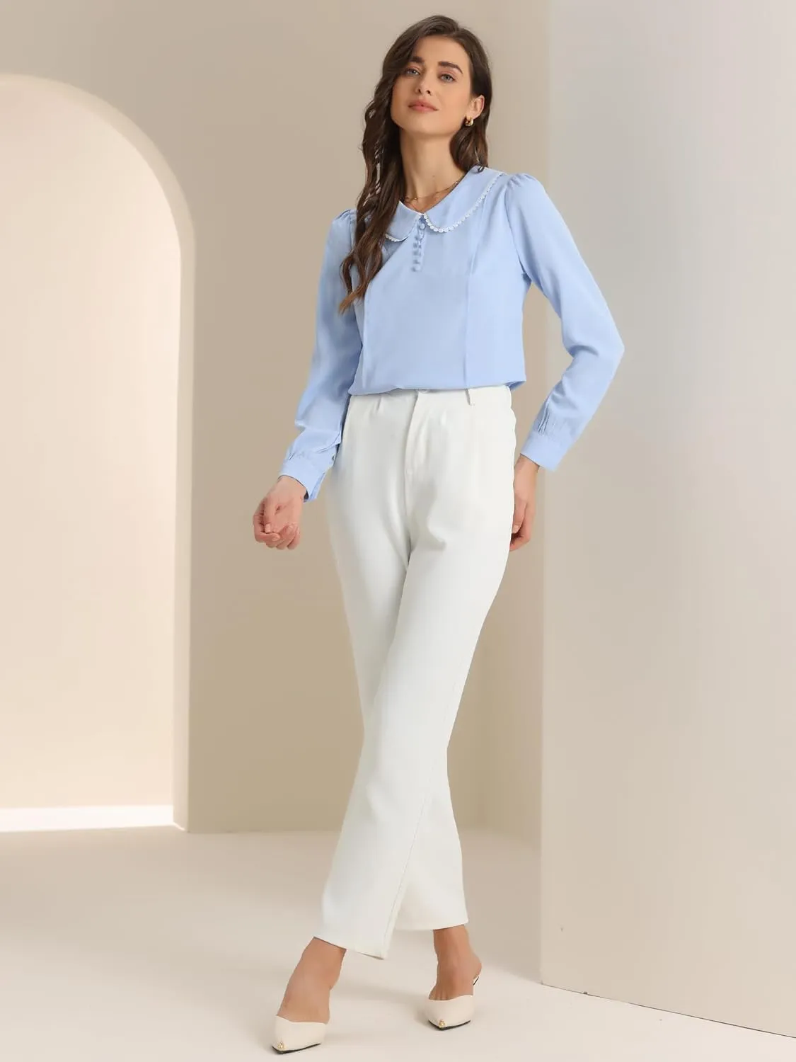 Allegra K Women's Vintage Peter Pan Collar Shirt Preppy Lacy Trim Long Sleeve Blouse