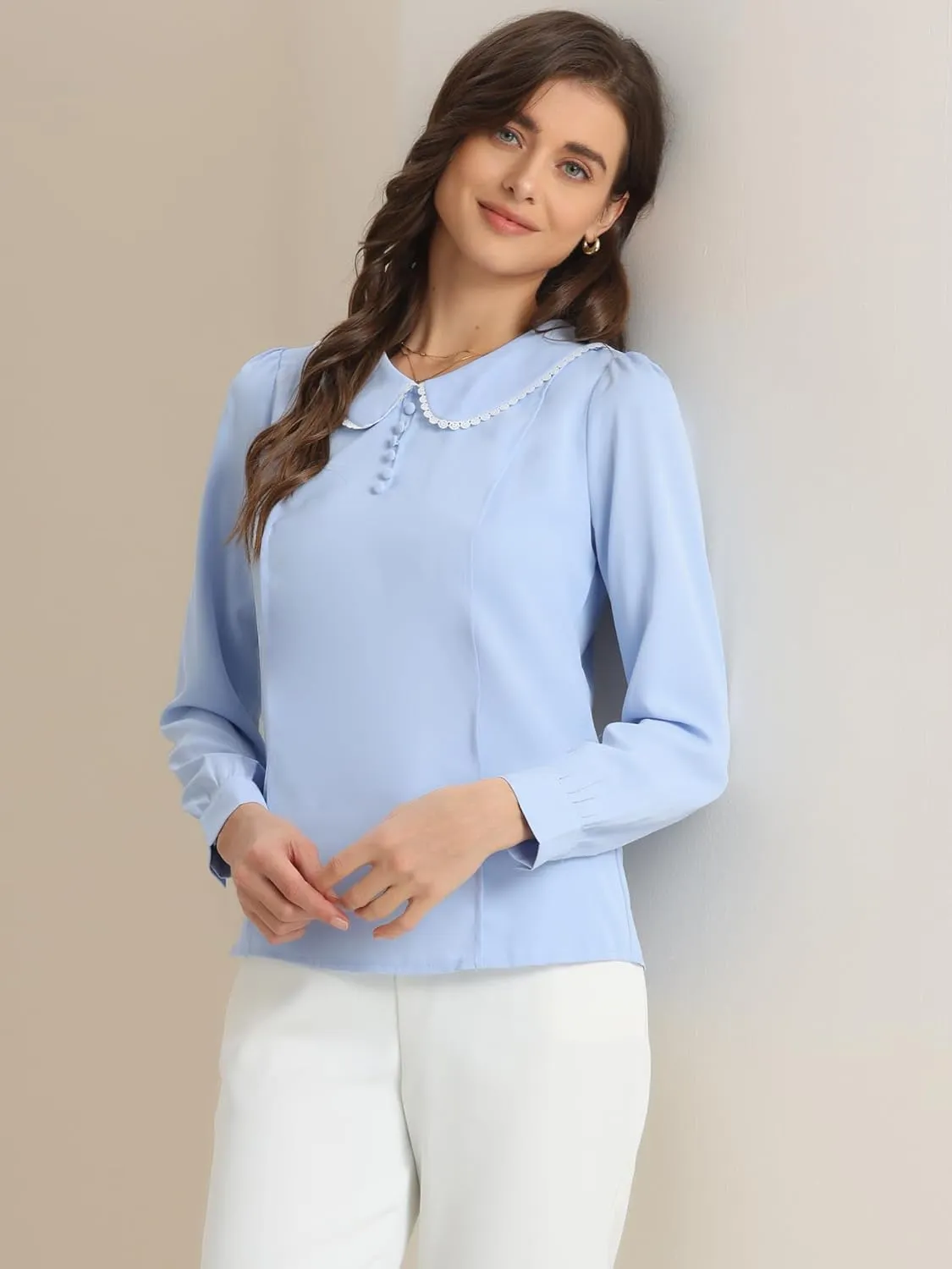 Allegra K Women's Vintage Peter Pan Collar Shirt Preppy Lacy Trim Long Sleeve Blouse