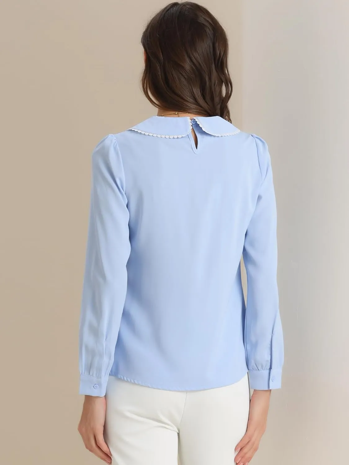 Allegra K Women's Vintage Peter Pan Collar Shirt Preppy Lacy Trim Long Sleeve Blouse