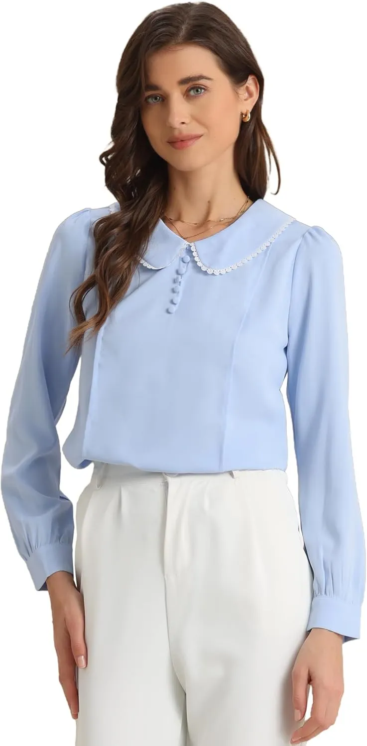 Allegra K Women's Vintage Peter Pan Collar Shirt Preppy Lacy Trim Long Sleeve Blouse