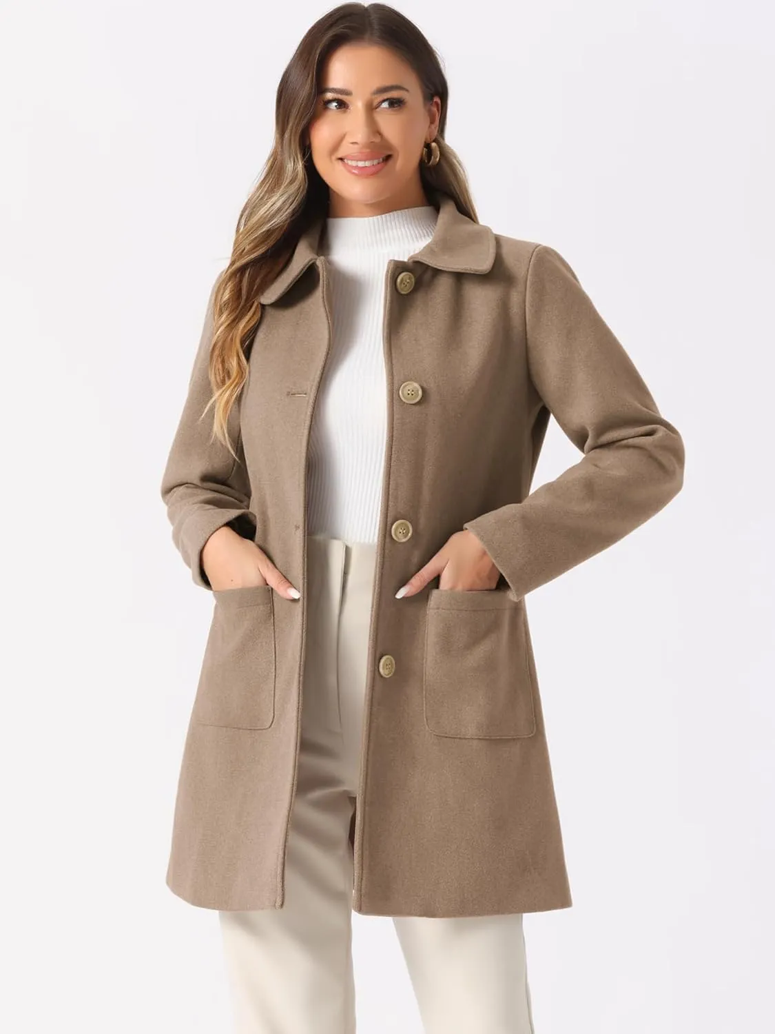 Allegra K Women's Winter Single Breasted Peter Pan Collar Outwear Trench Coat