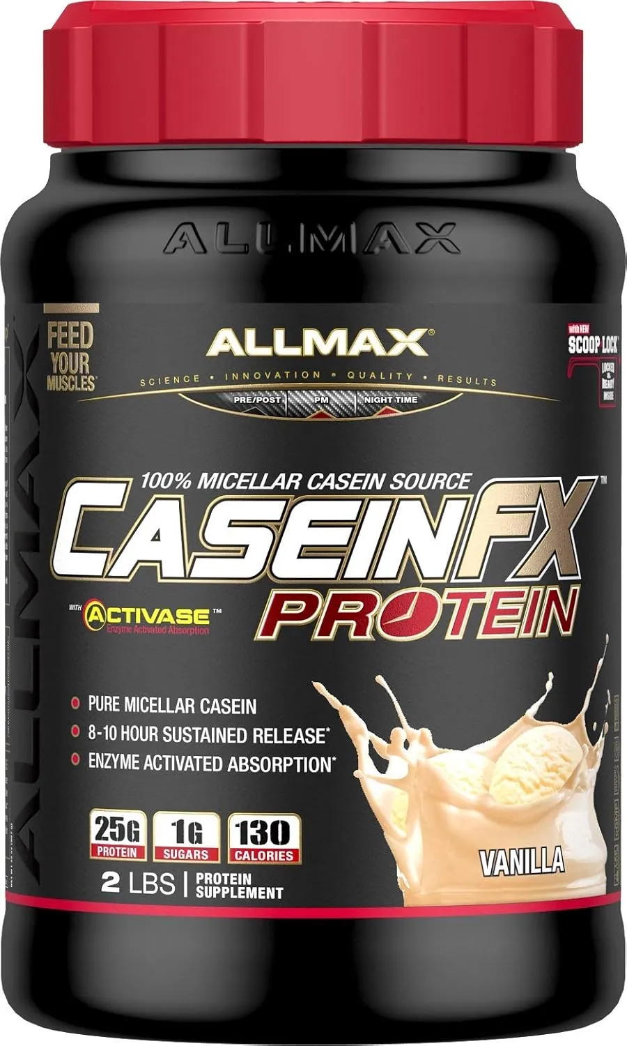 ALLMAX CASEIN-FX Protein, Vanilla - 2 lb - 25 Grams of Slow-Release Protein Per Scoop - Low Carb & Zero Added Sugar - Approx. 27 Servings