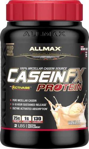 ALLMAX CASEIN-FX Protein, Vanilla - 2 lb - 25 Grams of Slow-Release Protein Per Scoop - Low Carb & Zero Added Sugar - Approx. 27 Servings