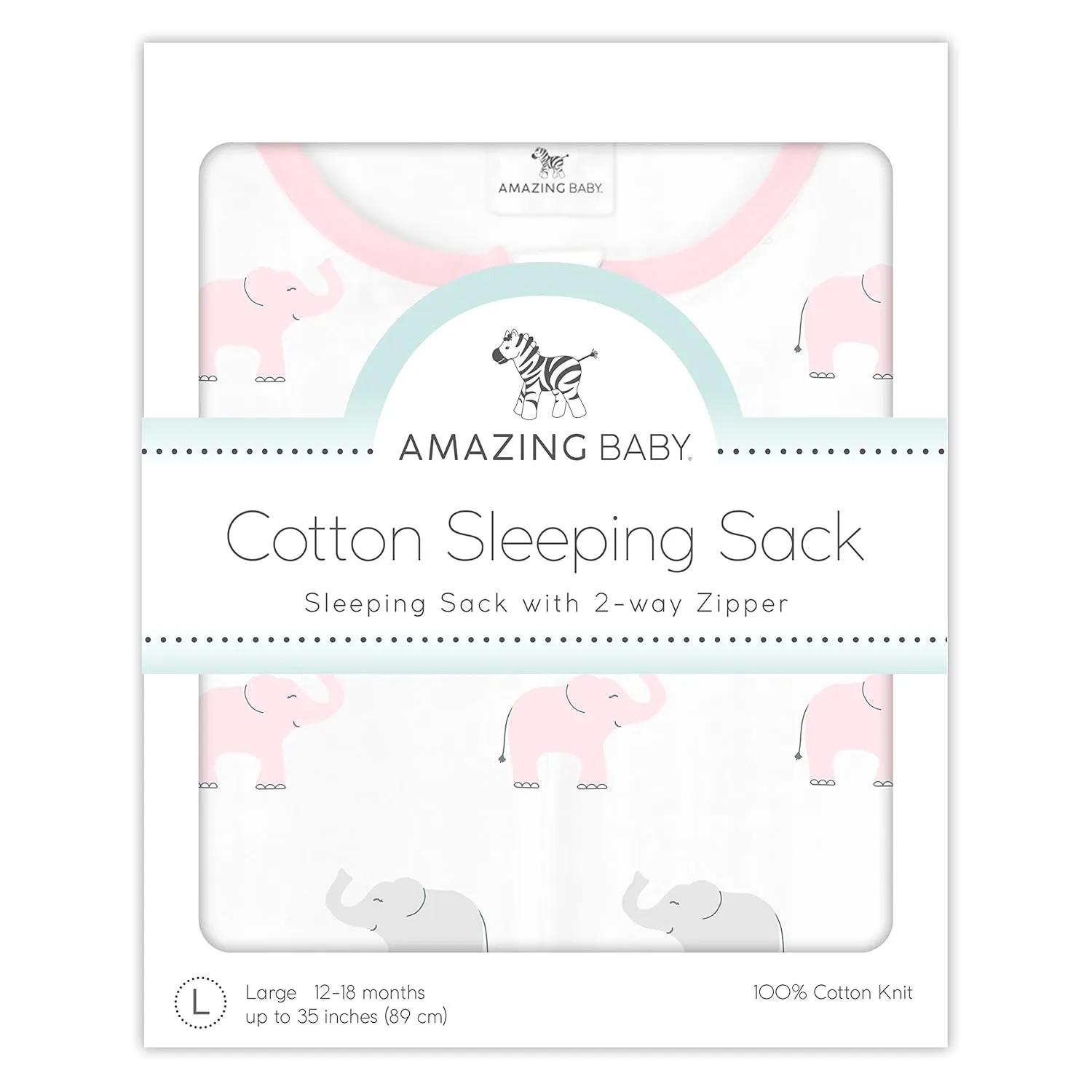 Amazing Baby Cotton Sleeping Sack, Wearable Blanket with 2-way Zipper, Pastel Pink   Gray Tiny Elephants, Small (0-6 mo)