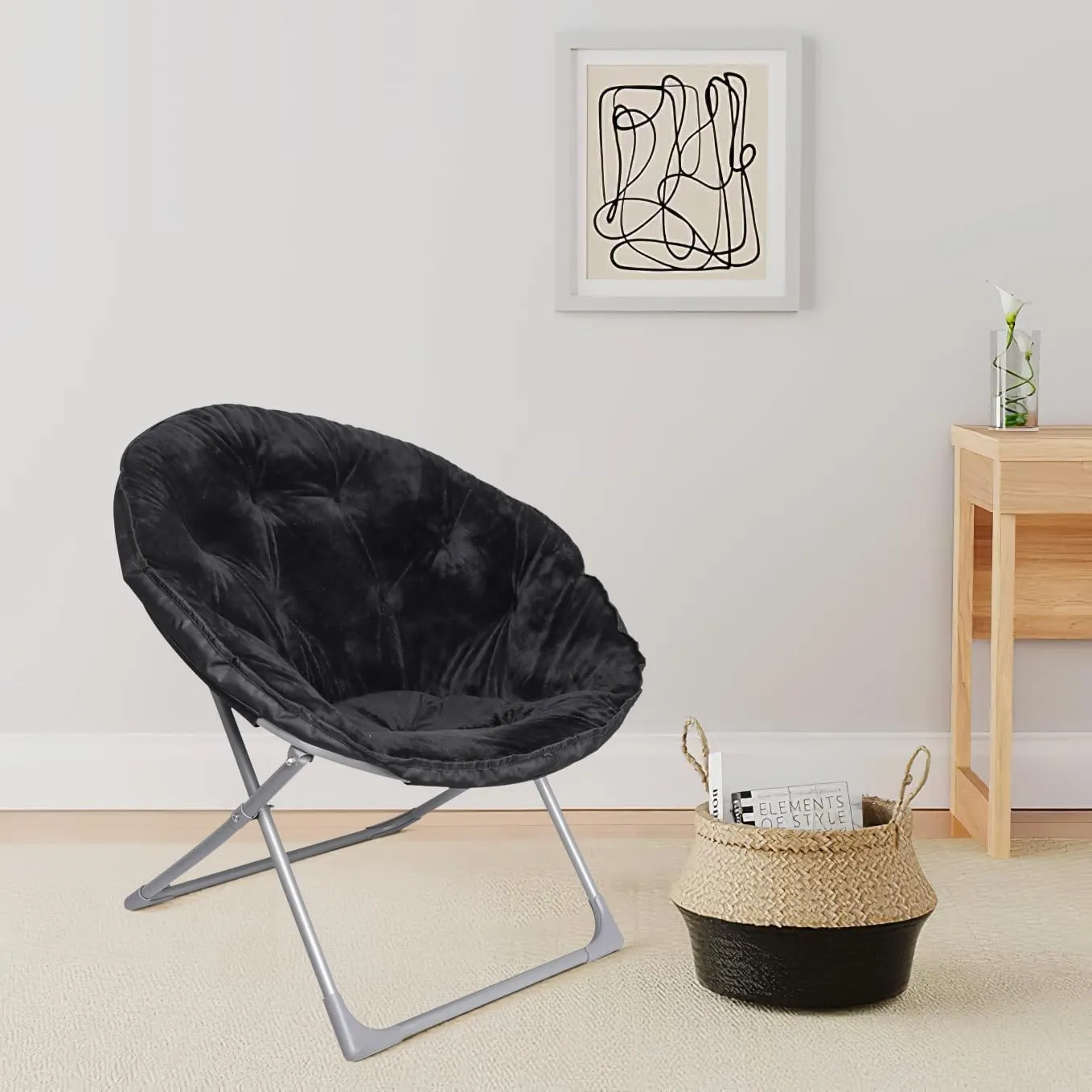 Amazon Basics Faux Fur Saucer Shaped Chair with Metal Frame Black 27.2"D x 32.3"W x 32.3"H