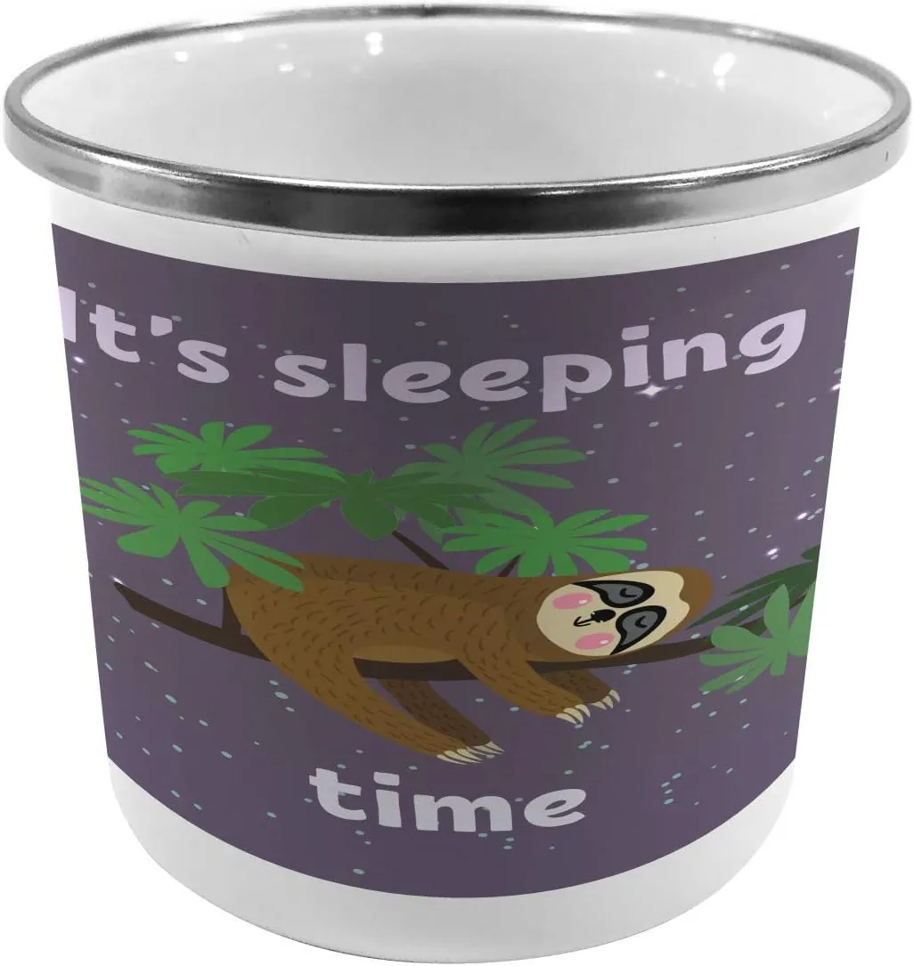 Ambesonne Sloth Steel Camping Mug, Cartoon Character Sleeping on Branch Jungle Animal in Night Sky Theme, Printed Thermal Cup for Camping and Outdoor Activities, Plum Brown Green