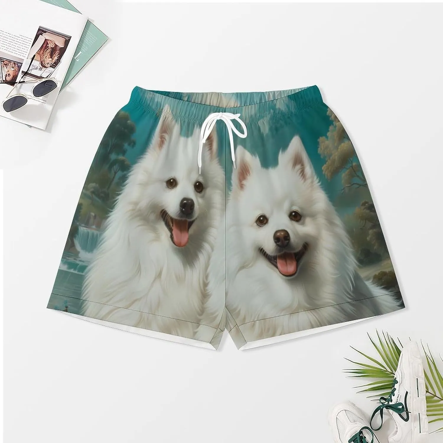 American Eskimos Dogs Women's Satin Pajama Set Short Sleeve Button Down Sleepwear Loungewear Pj Set