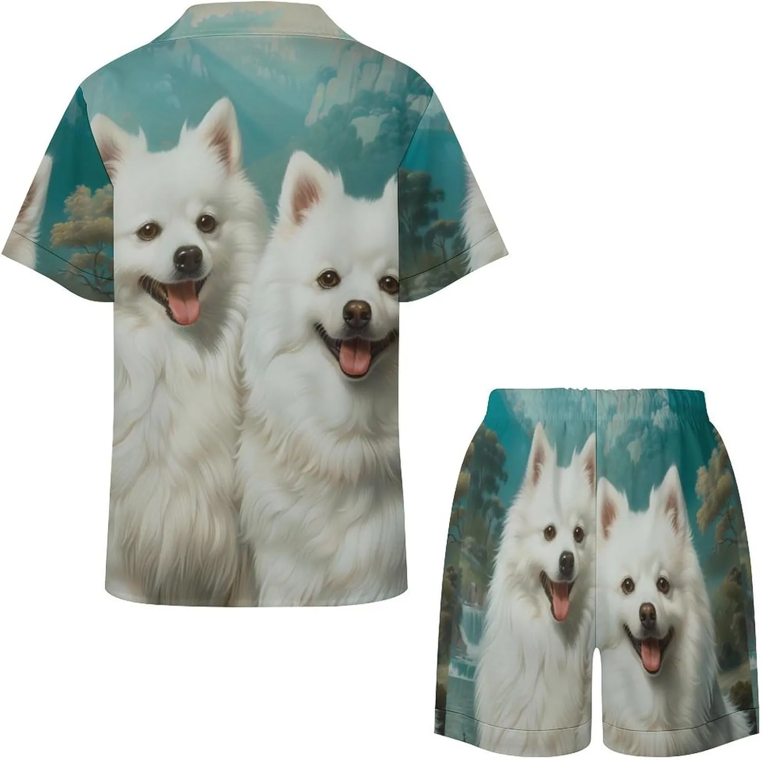 American Eskimos Dogs Women's Satin Pajama Set Short Sleeve Button Down Sleepwear Loungewear Pj Set