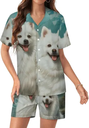 American Eskimos Dogs Women's Satin Pajama Set Short Sleeve Button Down Sleepwear Loungewear Pj Set