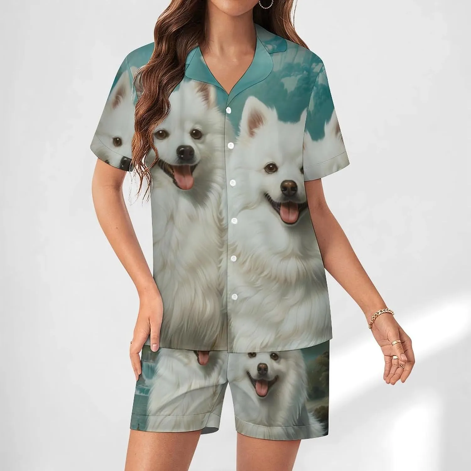American Eskimos Dogs Women's Satin Pajama Set Short Sleeve Button Down Sleepwear Loungewear Pj Set