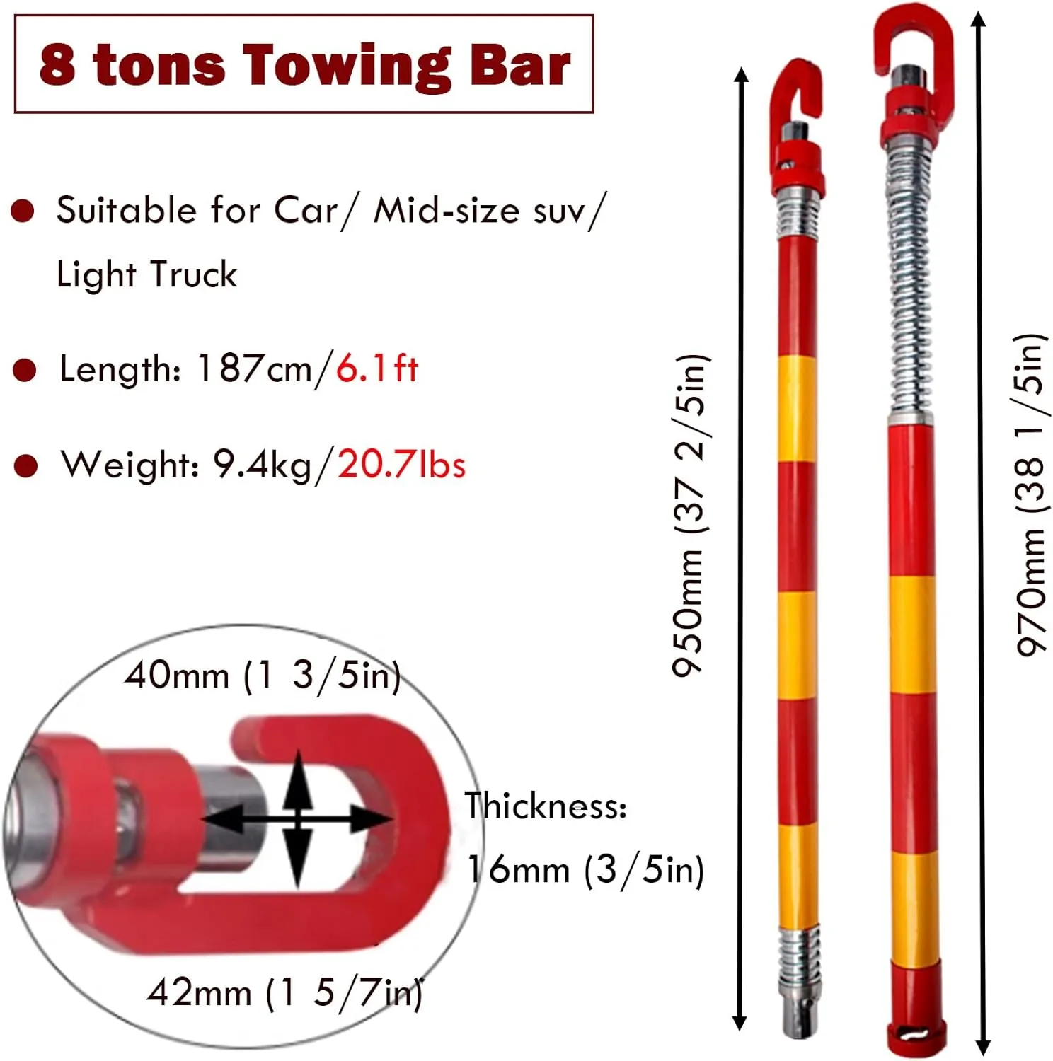 AMUFJJ Professional Steel Aluminum Car Tow Bar, Reflective Towing Pole with Shock Spring & Thickened Carabiner, Anti Rear Collision(8 tons)